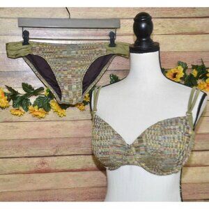 Aerin Rose 2 Piece Bikini Swimsuit Ladies XL 38DD Unique Green Striped Material